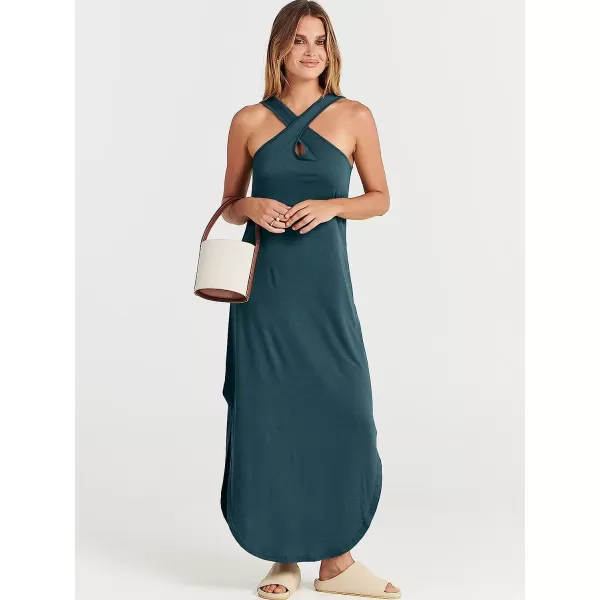 imageANRABESS Womens Casual Loose Sleeveless Beach Dress Criss Cross Slit Side Summer Maxi Sun DressesDeep Blue