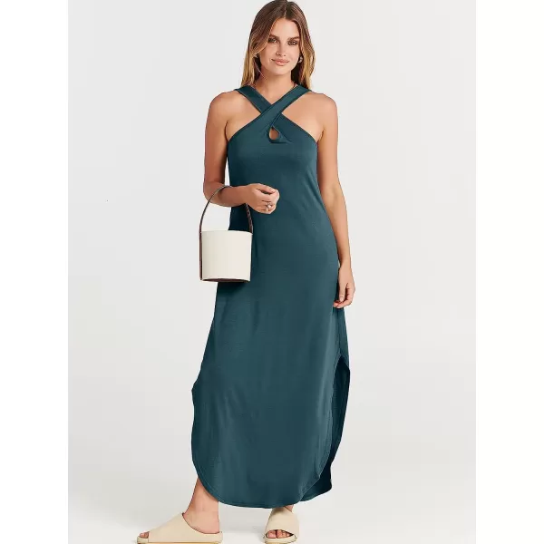 imageANRABESS Womens Casual Loose Sleeveless Beach Dress Criss Cross Slit Side Summer Maxi Sun DressesDeep Blue