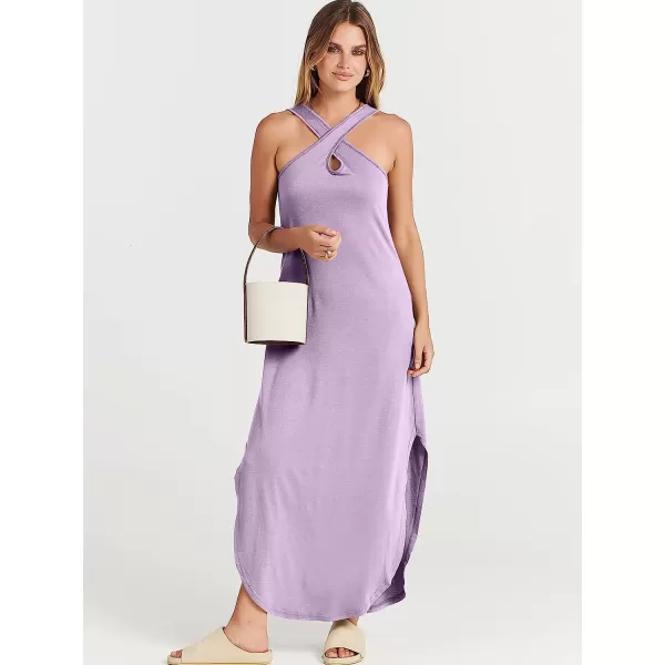 imageANRABESS Womens Casual Loose Sleeveless Beach Dress Criss Cross Slit Side Summer Maxi Sun DressesLilac