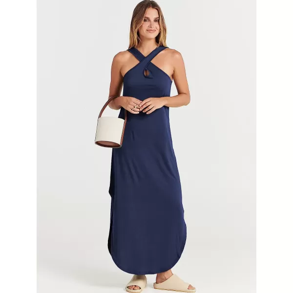 imageANRABESS Womens Casual Loose Sleeveless Beach Dress Criss Cross Slit Side Summer Maxi Sun DressesNavy Blue