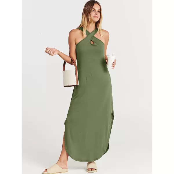 imageANRABESS Womens Casual Loose Sleeveless Beach Dress Criss Cross Slit Side Summer Maxi Sun DressesOlive