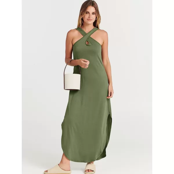 imageANRABESS Womens Casual Loose Sleeveless Beach Dress Criss Cross Slit Side Summer Maxi Sun DressesOlive