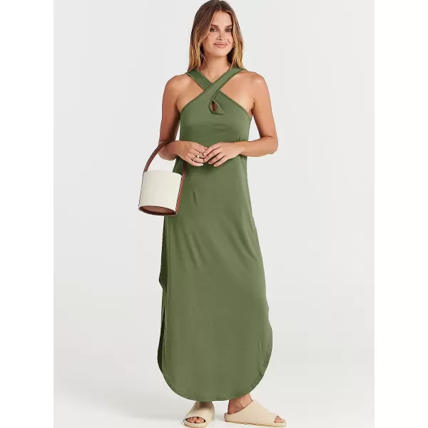 imageANRABESS Womens Casual Loose Sleeveless Beach Dress Criss Cross Slit Side Summer Maxi Sun DressesOlive