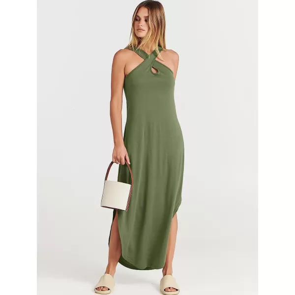 imageANRABESS Womens Casual Loose Sleeveless Beach Dress Criss Cross Slit Side Summer Maxi Sun DressesOlive