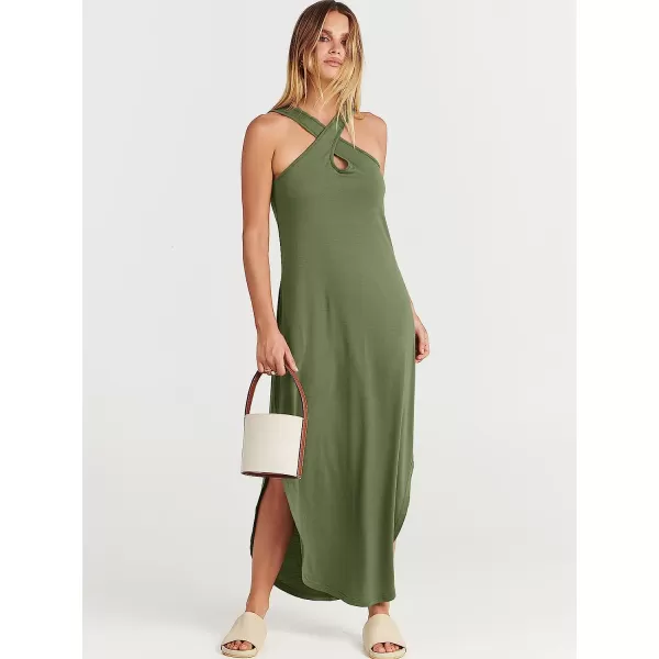 imageANRABESS Womens Casual Loose Sleeveless Beach Dress Criss Cross Slit Side Summer Maxi Sun DressesOlive