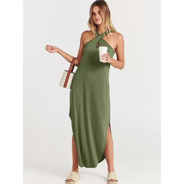 imageANRABESS Womens Casual Loose Sleeveless Beach Dress Criss Cross Slit Side Summer Maxi Sun DressesOlive