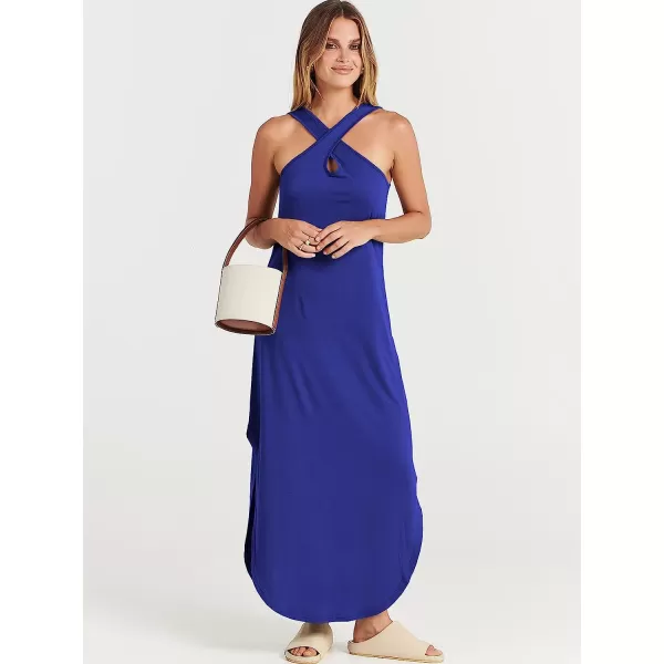 imageANRABESS Womens Casual Loose Sleeveless Beach Dress Criss Cross Slit Side Summer Maxi Sun DressesRoyal Blue