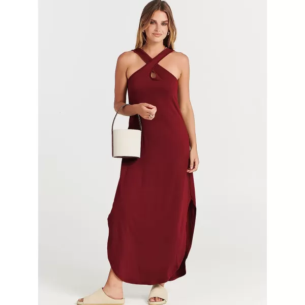 imageANRABESS Womens Casual Loose Sleeveless Beach Dress Criss Cross Slit Side Summer Maxi Sun DressesWine Red