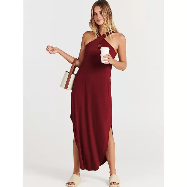 imageANRABESS Womens Casual Loose Sleeveless Beach Dress Criss Cross Slit Side Summer Maxi Sun DressesWine Red