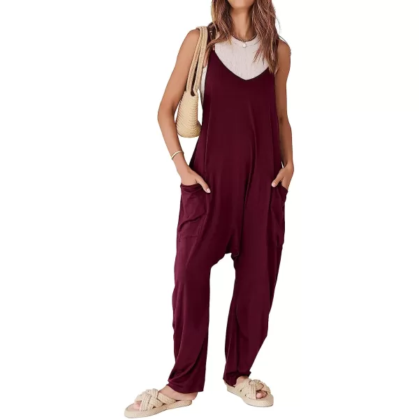 imageANRABESS Womens Casual Loose Sleeveless Jumpsuits Adjustbale Spaghetti Strap V Neck Harem Long Pants Overalls with PocketsBurgundy
