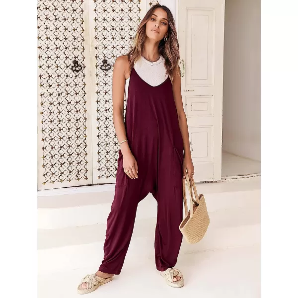 imageANRABESS Womens Casual Loose Sleeveless Jumpsuits Adjustbale Spaghetti Strap V Neck Harem Long Pants Overalls with PocketsBurgundy