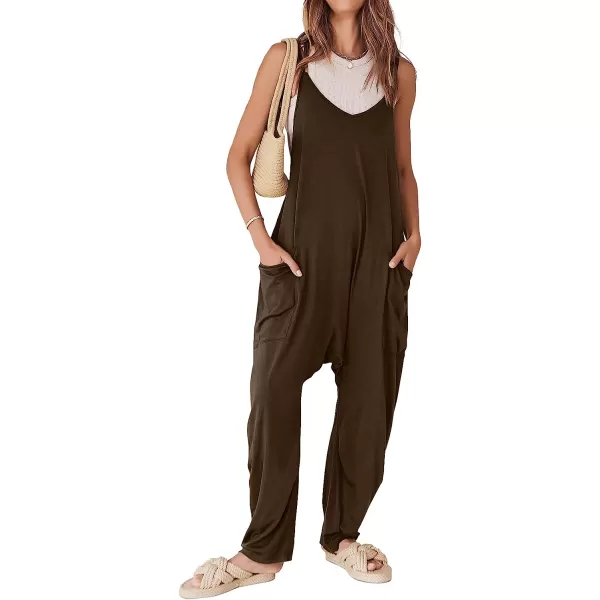 imageANRABESS Womens Casual Loose Sleeveless Jumpsuits Adjustbale Spaghetti Strap V Neck Harem Long Pants Overalls with PocketsCoffee