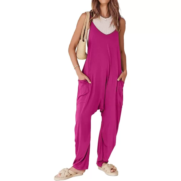 imageANRABESS Womens Casual Loose Sleeveless Jumpsuits Adjustbale Spaghetti Strap V Neck Harem Long Pants Overalls with PocketsHot Pink