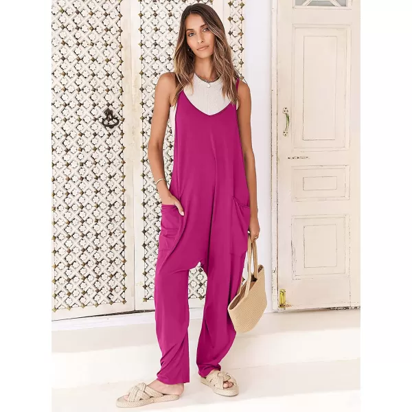 imageANRABESS Womens Casual Loose Sleeveless Jumpsuits Adjustbale Spaghetti Strap V Neck Harem Long Pants Overalls with PocketsHot Pink