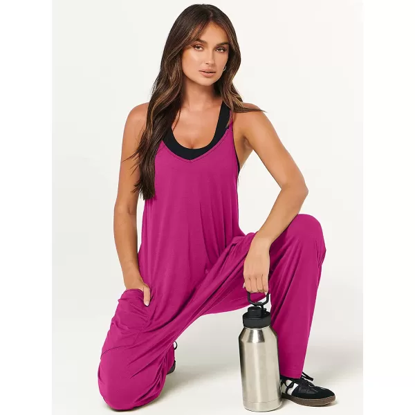 imageANRABESS Womens Casual Loose Sleeveless Jumpsuits Adjustbale Spaghetti Strap V Neck Harem Long Pants Overalls with PocketsHot Pink