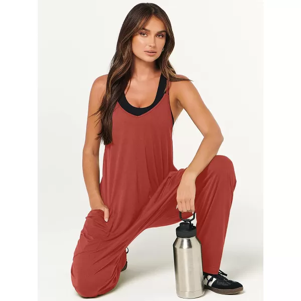 imageANRABESS Womens Casual Loose Sleeveless Jumpsuits Adjustbale Spaghetti Strap V Neck Harem Long Pants Overalls with PocketsOrange Rust
