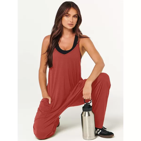 imageANRABESS Womens Casual Loose Sleeveless Jumpsuits Adjustbale Spaghetti Strap V Neck Harem Long Pants Overalls with PocketsOrange Rust