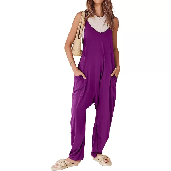 imageANRABESS Womens Casual Loose Sleeveless Jumpsuits Adjustbale Spaghetti Strap V Neck Harem Long Pants Overalls with PocketsPurpple