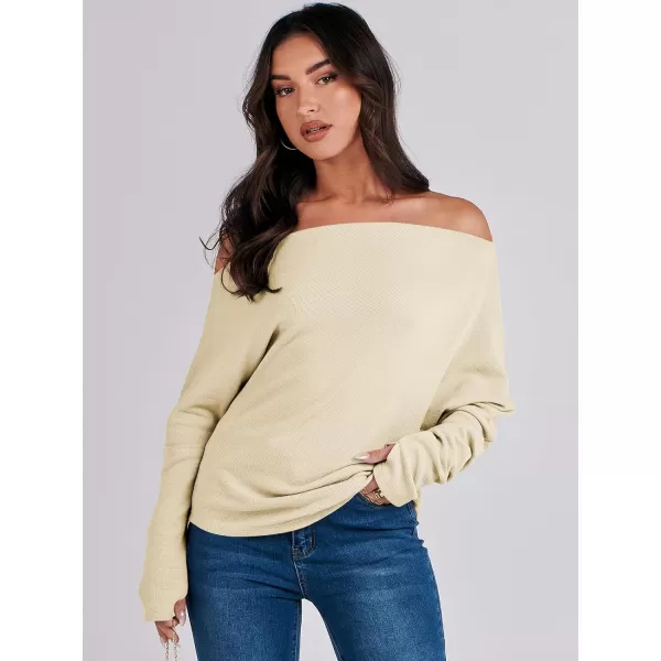 imageANRABESS Womens Casual Off The Shoulder Long Batwing Sleeve Waffle Knit Shirt Pullover Sweater Tunic TopApricot