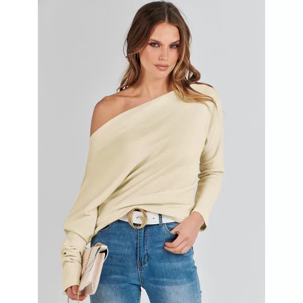 imageANRABESS Womens Casual Off The Shoulder Long Batwing Sleeve Waffle Knit Shirt Pullover Sweater Tunic TopApricot