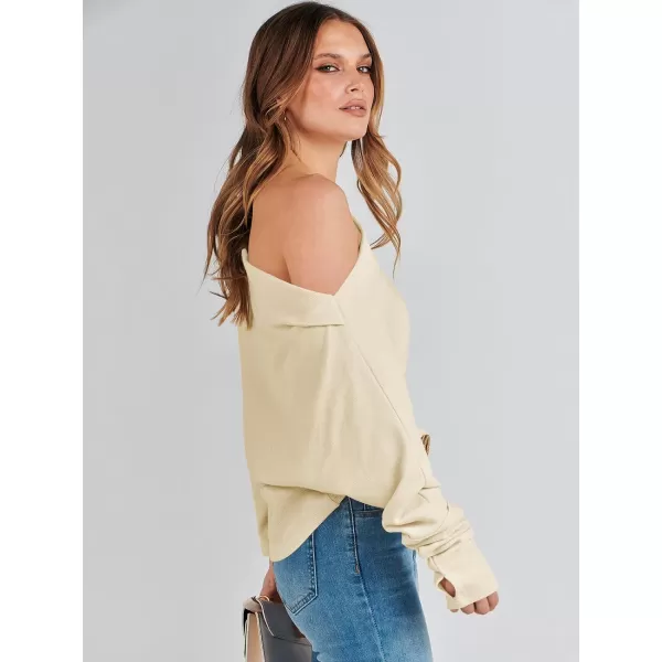 imageANRABESS Womens Casual Off The Shoulder Long Batwing Sleeve Waffle Knit Shirt Pullover Sweater Tunic TopApricot