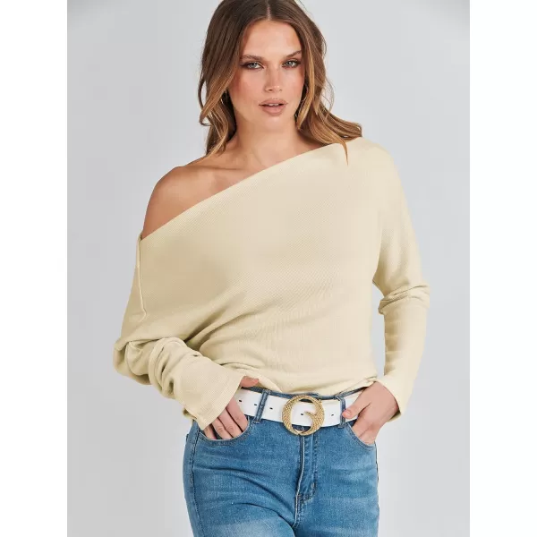 imageANRABESS Womens Casual Off The Shoulder Long Batwing Sleeve Waffle Knit Shirt Pullover Sweater Tunic TopApricot