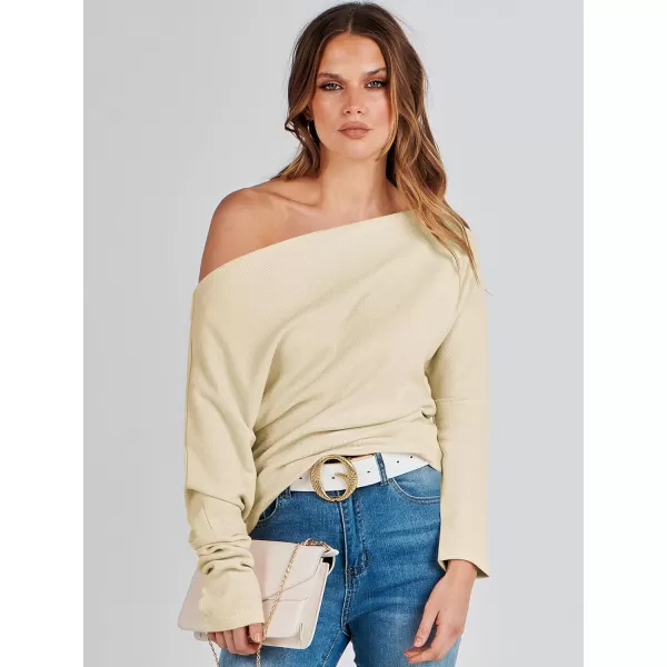imageANRABESS Womens Casual Off The Shoulder Long Batwing Sleeve Waffle Knit Shirt Pullover Sweater Tunic TopApricot