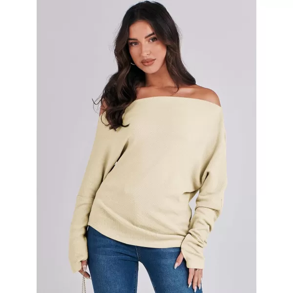 imageANRABESS Womens Casual Off The Shoulder Long Batwing Sleeve Waffle Knit Shirt Pullover Sweater Tunic TopApricot