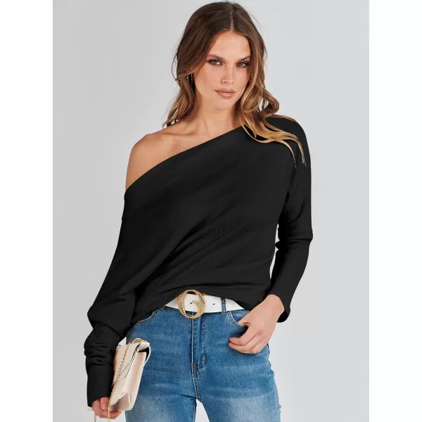imageANRABESS Womens Casual Off The Shoulder Long Batwing Sleeve Waffle Knit Shirt Pullover Sweater Tunic TopBlack