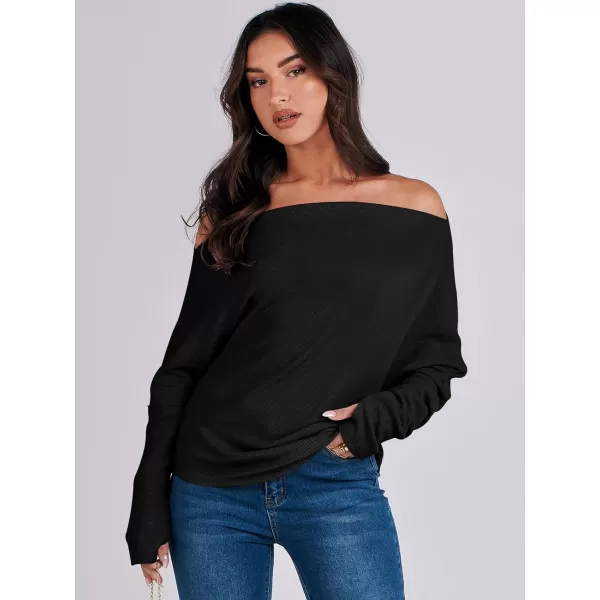 imageANRABESS Womens Casual Off The Shoulder Long Batwing Sleeve Waffle Knit Shirt Pullover Sweater Tunic TopBlack