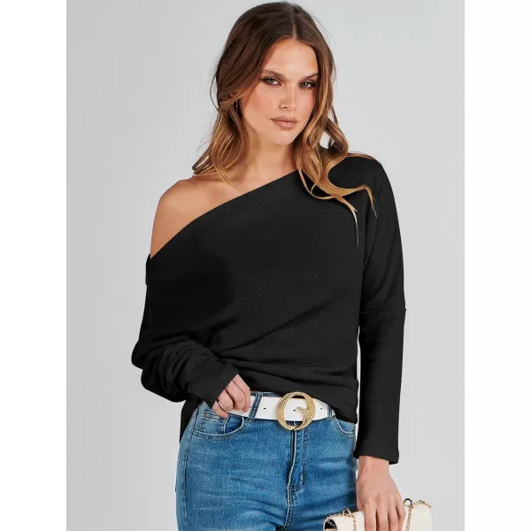 imageANRABESS Womens Casual Off The Shoulder Long Batwing Sleeve Waffle Knit Shirt Pullover Sweater Tunic TopBlack