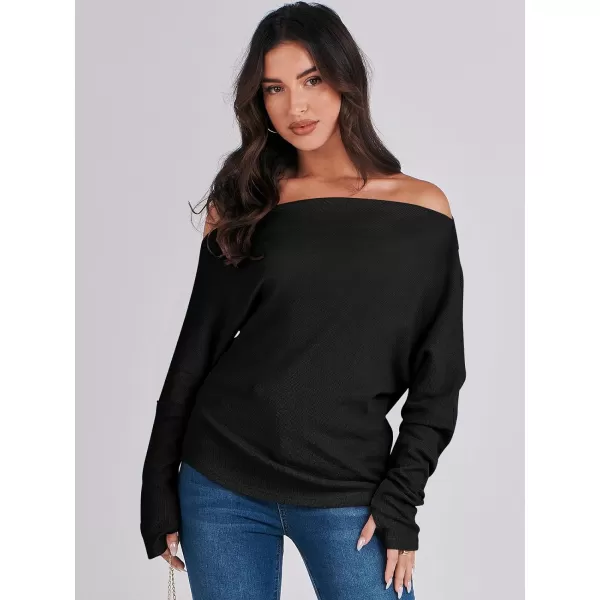 imageANRABESS Womens Casual Off The Shoulder Long Batwing Sleeve Waffle Knit Shirt Pullover Sweater Tunic TopBlack