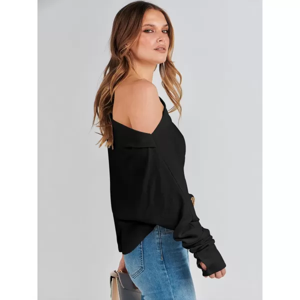 imageANRABESS Womens Casual Off The Shoulder Long Batwing Sleeve Waffle Knit Shirt Pullover Sweater Tunic TopBlack