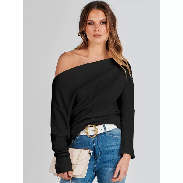 imageANRABESS Womens Casual Off The Shoulder Long Batwing Sleeve Waffle Knit Shirt Pullover Sweater Tunic TopBlack