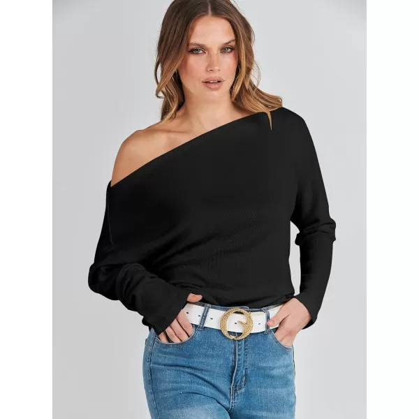imageANRABESS Womens Casual Off The Shoulder Long Batwing Sleeve Waffle Knit Shirt Pullover Sweater Tunic TopBlack