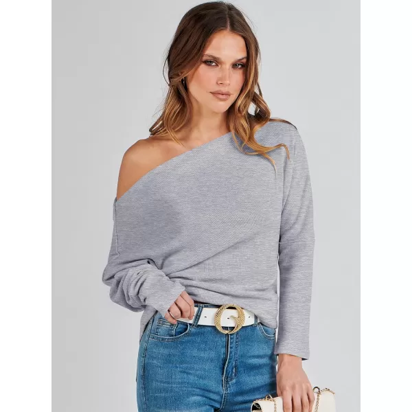 imageANRABESS Womens Casual Off The Shoulder Long Batwing Sleeve Waffle Knit Shirt Pullover Sweater Tunic TopGrey