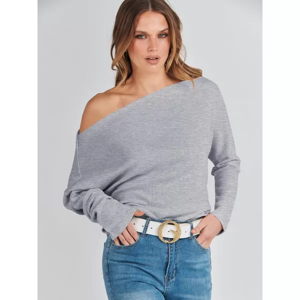 imageANRABESS Womens Casual Off The Shoulder Long Batwing Sleeve Waffle Knit Shirt Pullover Sweater Tunic TopGrey