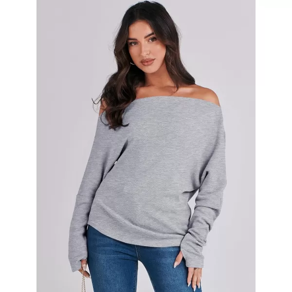 imageANRABESS Womens Casual Off The Shoulder Long Batwing Sleeve Waffle Knit Shirt Pullover Sweater Tunic TopGrey