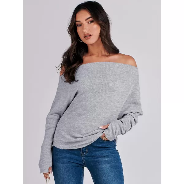 imageANRABESS Womens Casual Off The Shoulder Long Batwing Sleeve Waffle Knit Shirt Pullover Sweater Tunic TopGrey