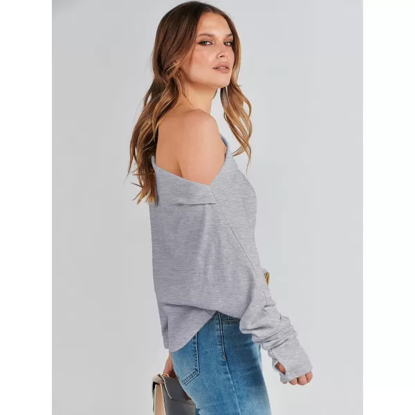 imageANRABESS Womens Casual Off The Shoulder Long Batwing Sleeve Waffle Knit Shirt Pullover Sweater Tunic TopGrey