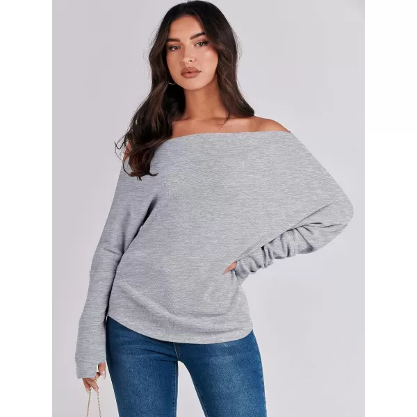 imageANRABESS Womens Casual Off The Shoulder Long Batwing Sleeve Waffle Knit Shirt Pullover Sweater Tunic TopGrey