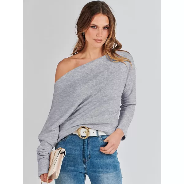 imageANRABESS Womens Casual Off The Shoulder Long Batwing Sleeve Waffle Knit Shirt Pullover Sweater Tunic TopGrey