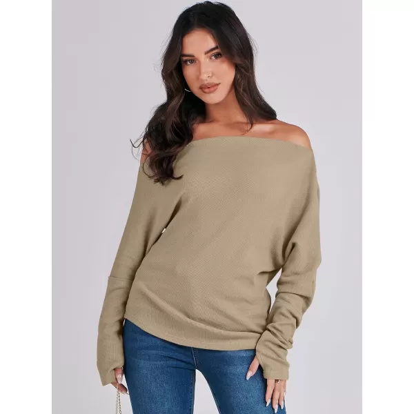 imageANRABESS Womens Casual Off The Shoulder Long Batwing Sleeve Waffle Knit Shirt Pullover Sweater Tunic TopKhaki