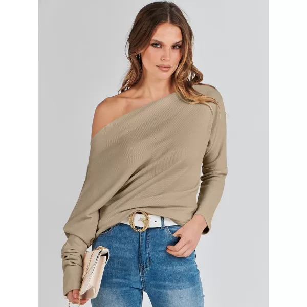 imageANRABESS Womens Casual Off The Shoulder Long Batwing Sleeve Waffle Knit Shirt Pullover Sweater Tunic TopKhaki