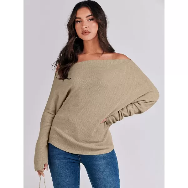 imageANRABESS Womens Casual Off The Shoulder Long Batwing Sleeve Waffle Knit Shirt Pullover Sweater Tunic TopKhaki