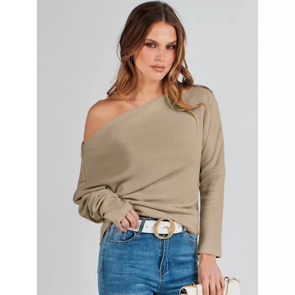 imageANRABESS Womens Casual Off The Shoulder Long Batwing Sleeve Waffle Knit Shirt Pullover Sweater Tunic TopKhaki