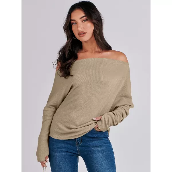 imageANRABESS Womens Casual Off The Shoulder Long Batwing Sleeve Waffle Knit Shirt Pullover Sweater Tunic TopKhaki