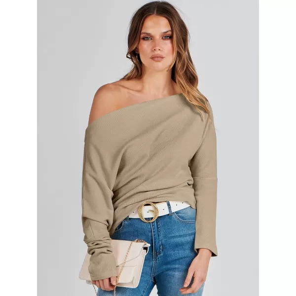 imageANRABESS Womens Casual Off The Shoulder Long Batwing Sleeve Waffle Knit Shirt Pullover Sweater Tunic TopKhaki