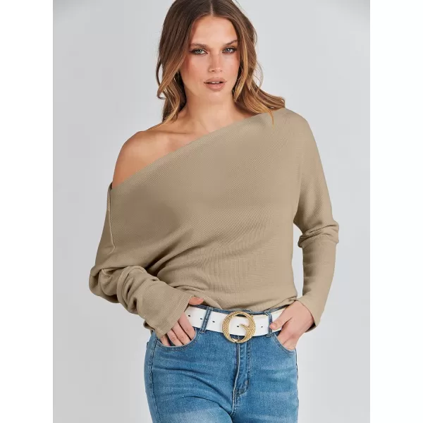 imageANRABESS Womens Casual Off The Shoulder Long Batwing Sleeve Waffle Knit Shirt Pullover Sweater Tunic TopKhaki
