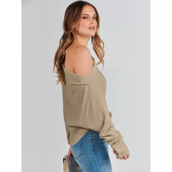 imageANRABESS Womens Casual Off The Shoulder Long Batwing Sleeve Waffle Knit Shirt Pullover Sweater Tunic TopKhaki